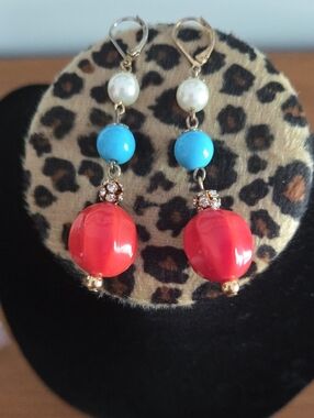 Corl, Pearl And Turquoise Dangle Earrings